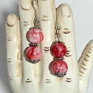 Valentine's Day Earrings, Marbled And White Red Earrings, Valentine's Day